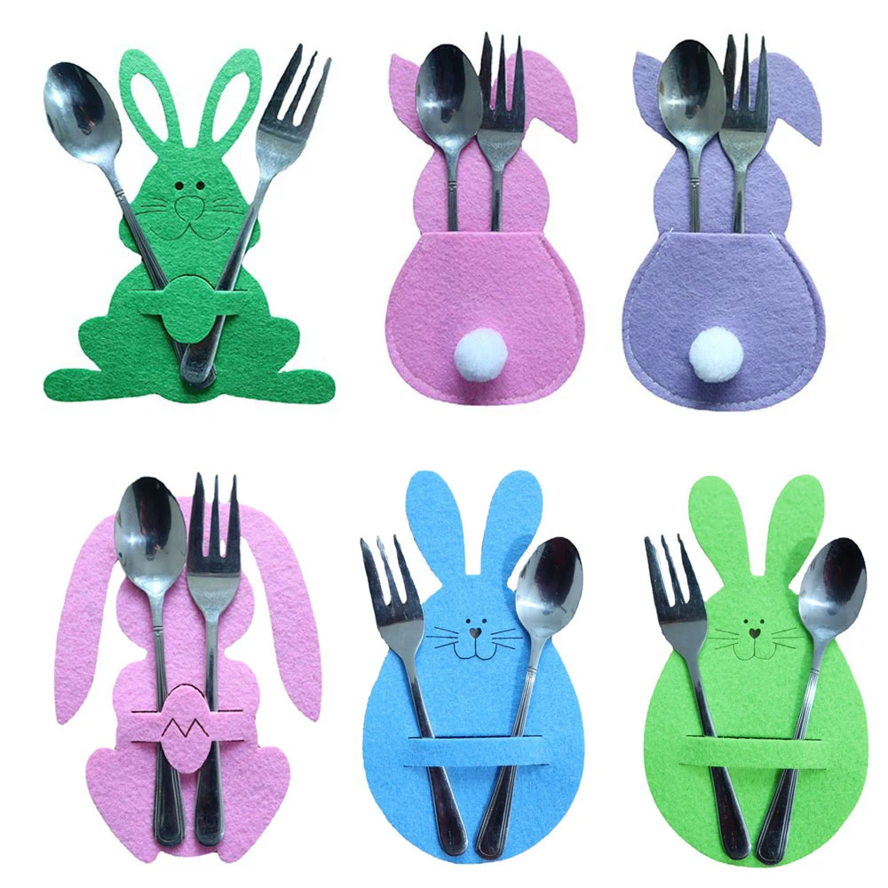 4PCS Easter Cutlery Bag Knife and Fork Holder Easter Eggs Rabbit