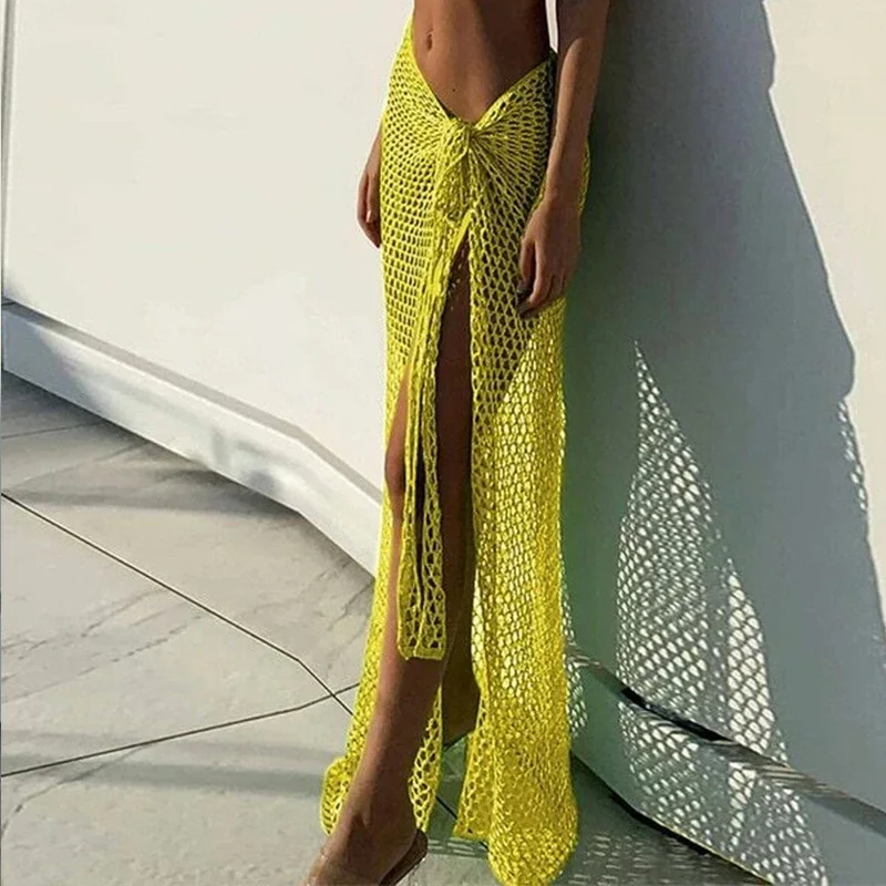 New Arrival Solid Color Hollow Out Knit Crochet Beach Dress Women Sexy Wrap Tie Rope Sarong Cover Up 1