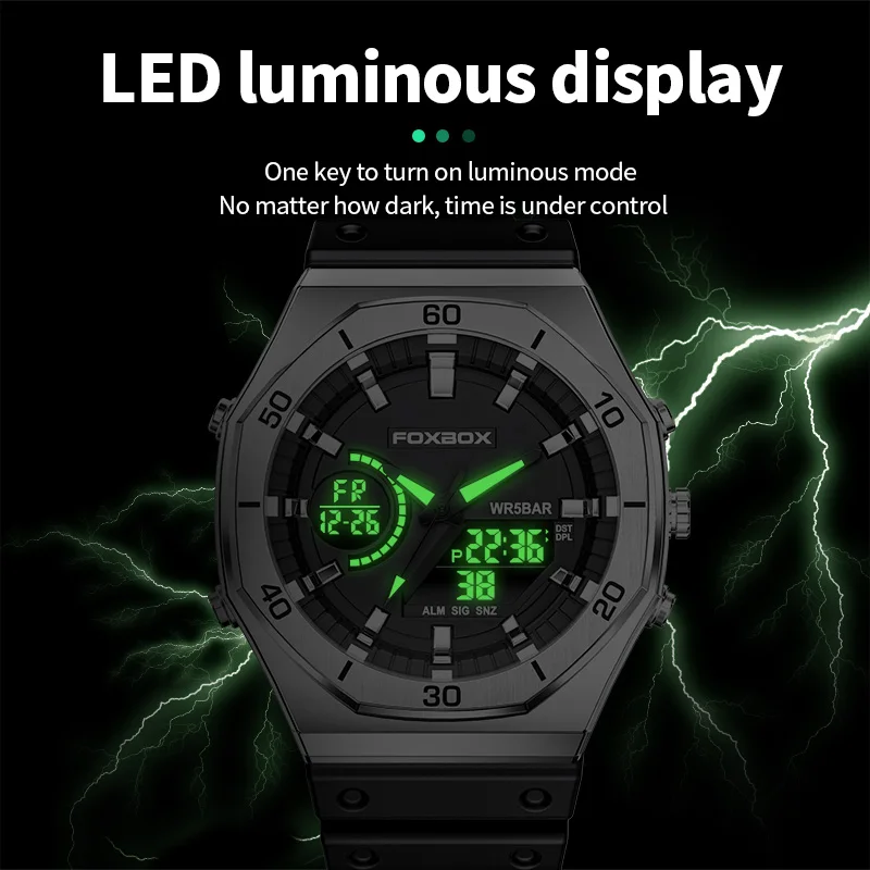 FOXBOX New Dual display Watches For Men Casual Sports Chronograph Quartz Big Dial Wrist Watch Silicone Waterproof Digital Clock - 4