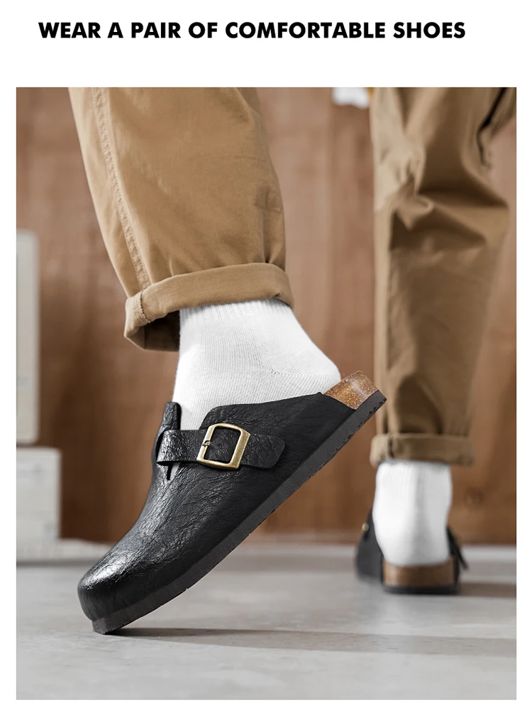 Unisex Cork Closed Toe Slippers Slip-on Clogs Slides Fashion Leather Sandals with Adjustable Buckle Backless Comfort Footbed
