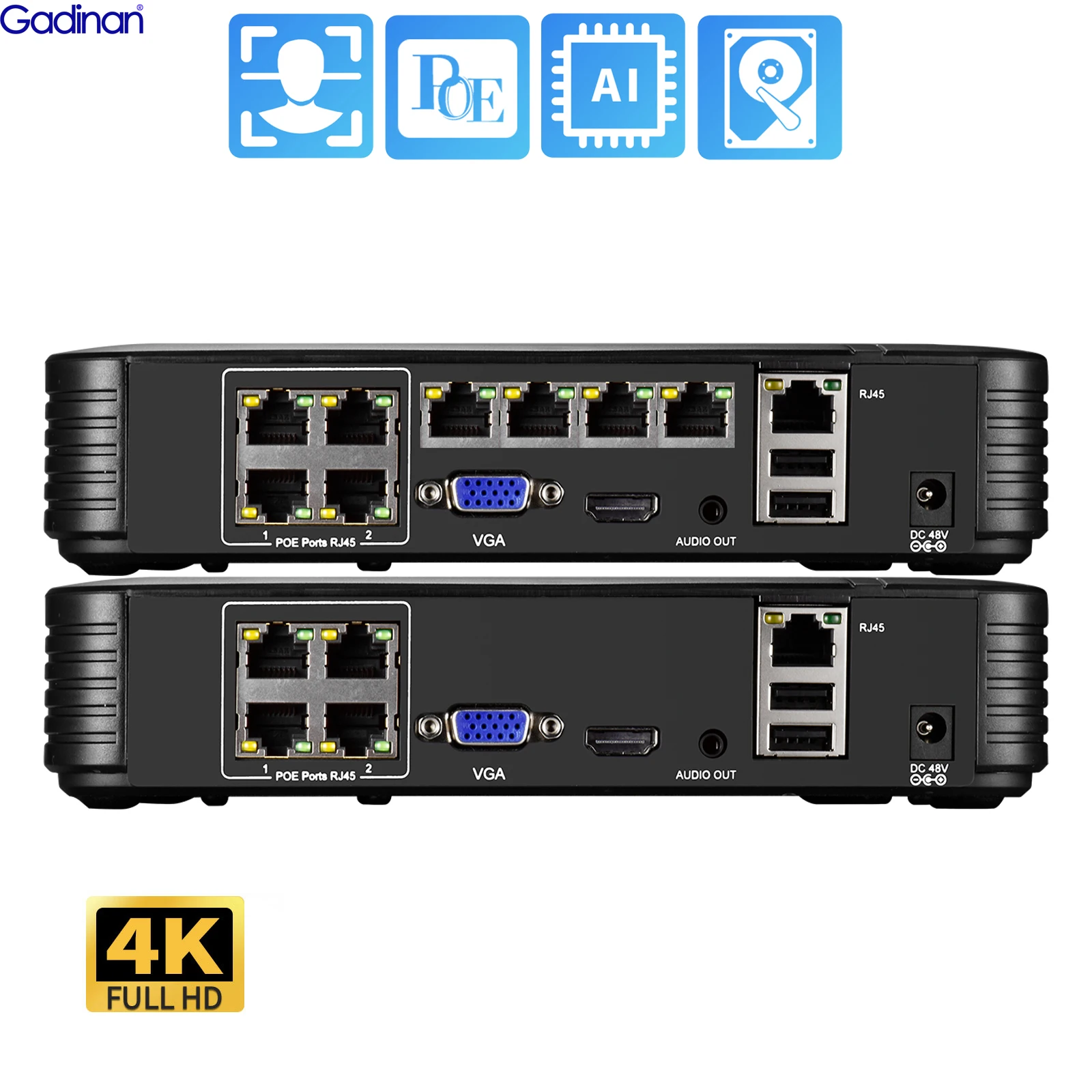 Gadinan Face Detect H.265AI 8CH 4CH 4K 8MP 5MP POE NVR Audio Out For Security Surveillance Videcam Network Video Recorder XMeye