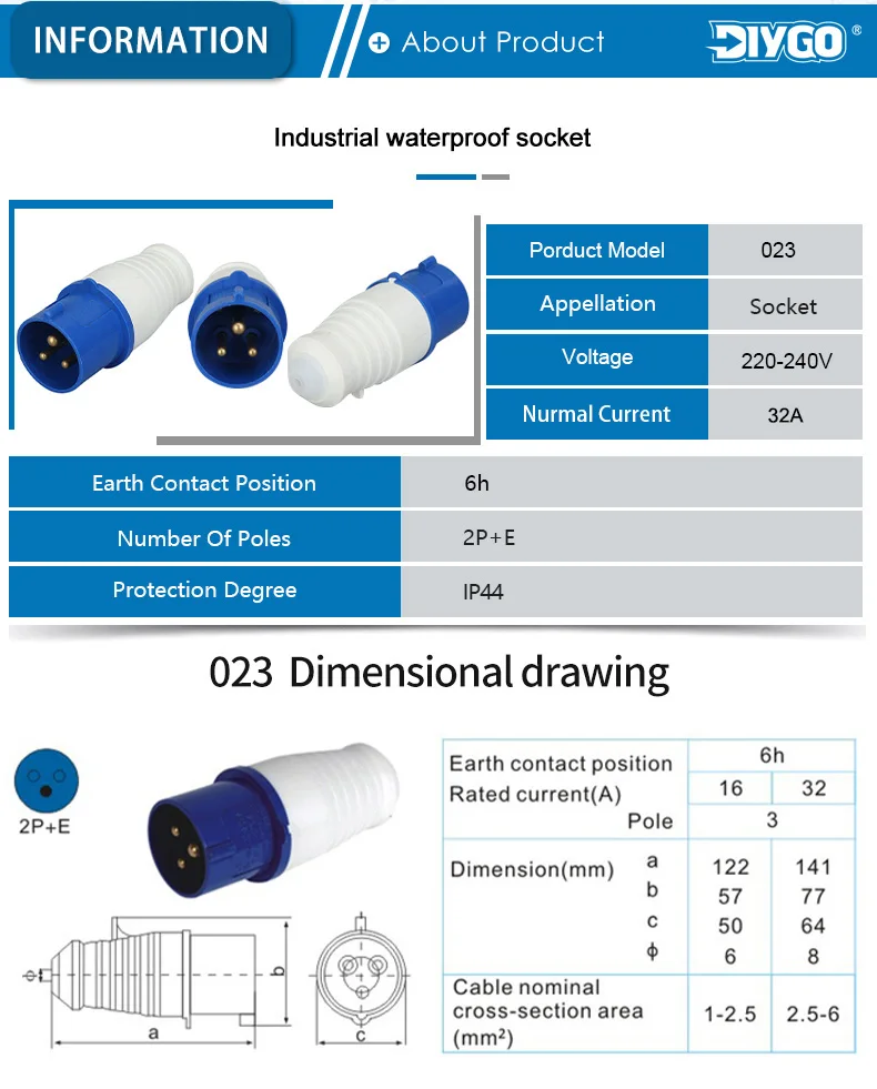 DIY GO 32A 3Pin 2P+E Elektrische Draht Kabel Im Freien Wasserdichten Stecker Industrielle Stecker & Steckdosen 220V-240V IP44 Anschlussdose – Detail 2