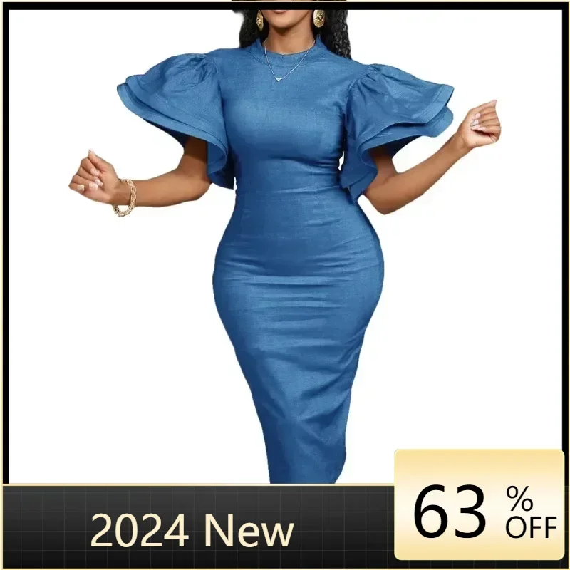 

2024 Autumn New Women Denim Dresses O Neck Ruffle Flare Sleeves Package Hip Frock Fashion Slim Pencil Evening Party Vestidos