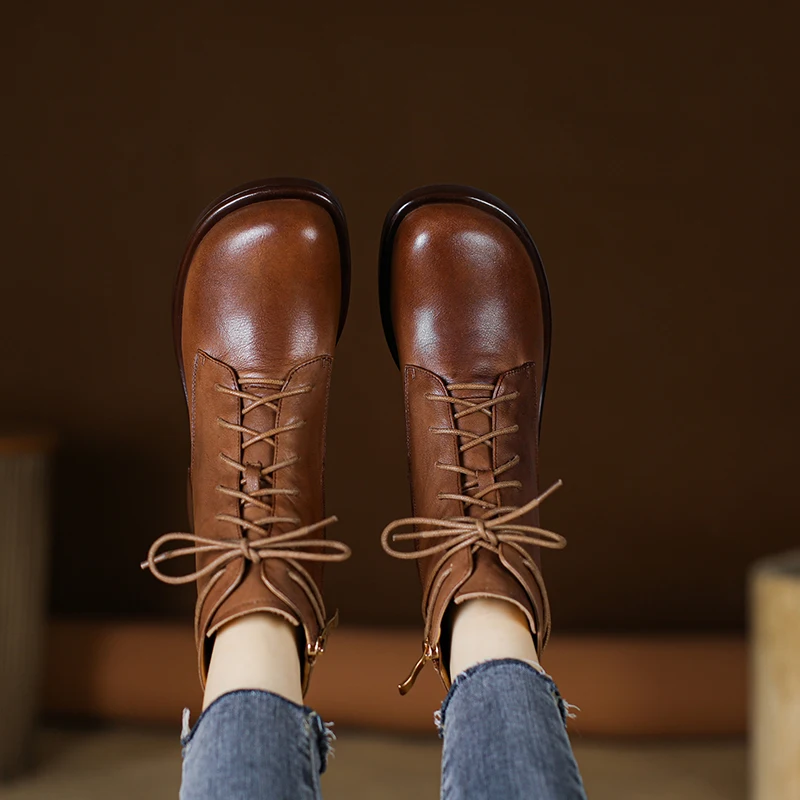 

Women ankle boots natural leather 22-24.5CM Washed soft cowhide full leather modern boots Light luxury fashion outdoor boots