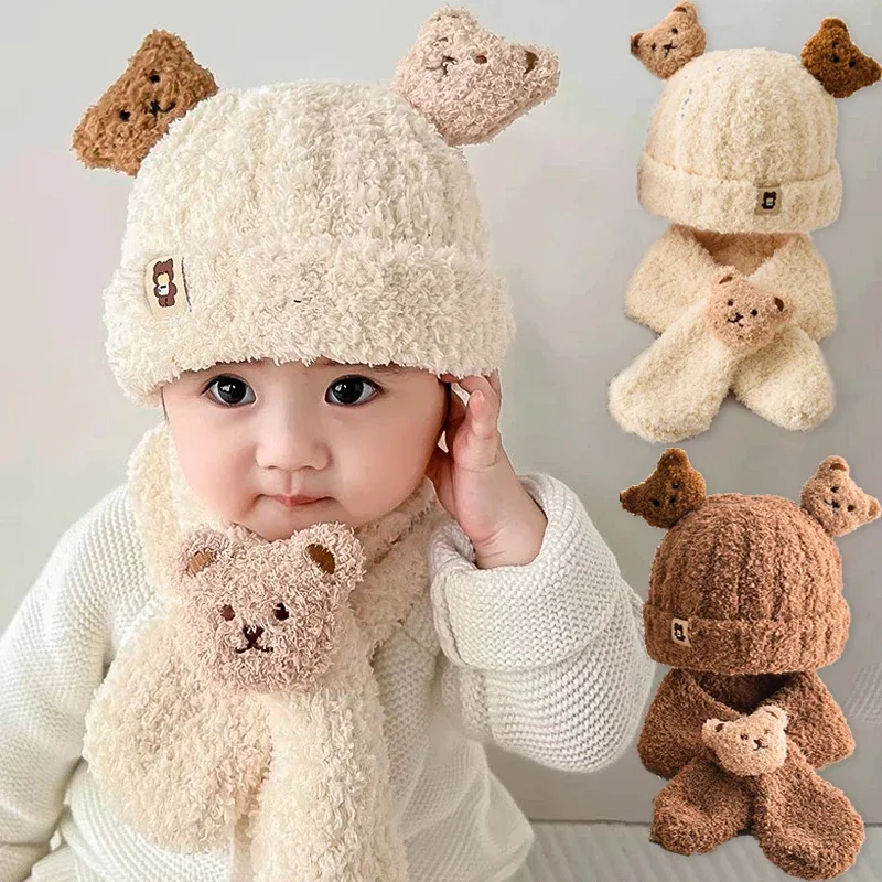 Ear Protection Cap for 1-4 Years Baby Kids Cute Bear Plush Scarf and Hat Two-piece Set Children Winter Thickened Warm Bunny Hats