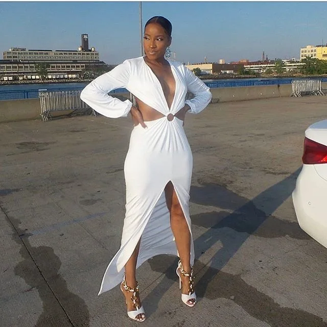 

SKMY 2024 Summer New Elegant Evening Party Maxi Dresses For Women Sexy Deep V Split Backless Hollow Out Long Sleeve White Dress