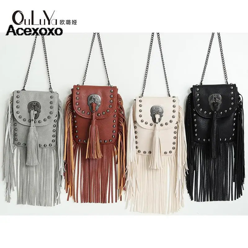 

Europe and the United States trend soft leather rivets tassel bag chain single shoulder crossbody bag women's bag