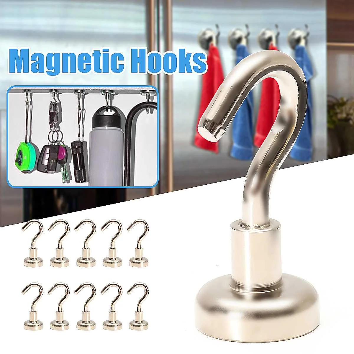 

10Pcs Ferrite Magnetic Hooks N38 Neodymium Hold 5.5kg Strong Magnetic Hooks Heavy Duty Wall Hooks Hanger For Key Coat Cup