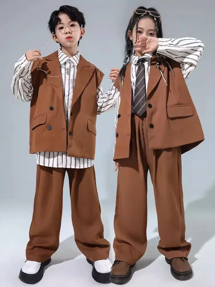 New Hip Hop Kids Clothes Brown Vest Pants Long Sleeves Shirts Boys Street Dance Breaking Performance Costume Girls Suit BL11850