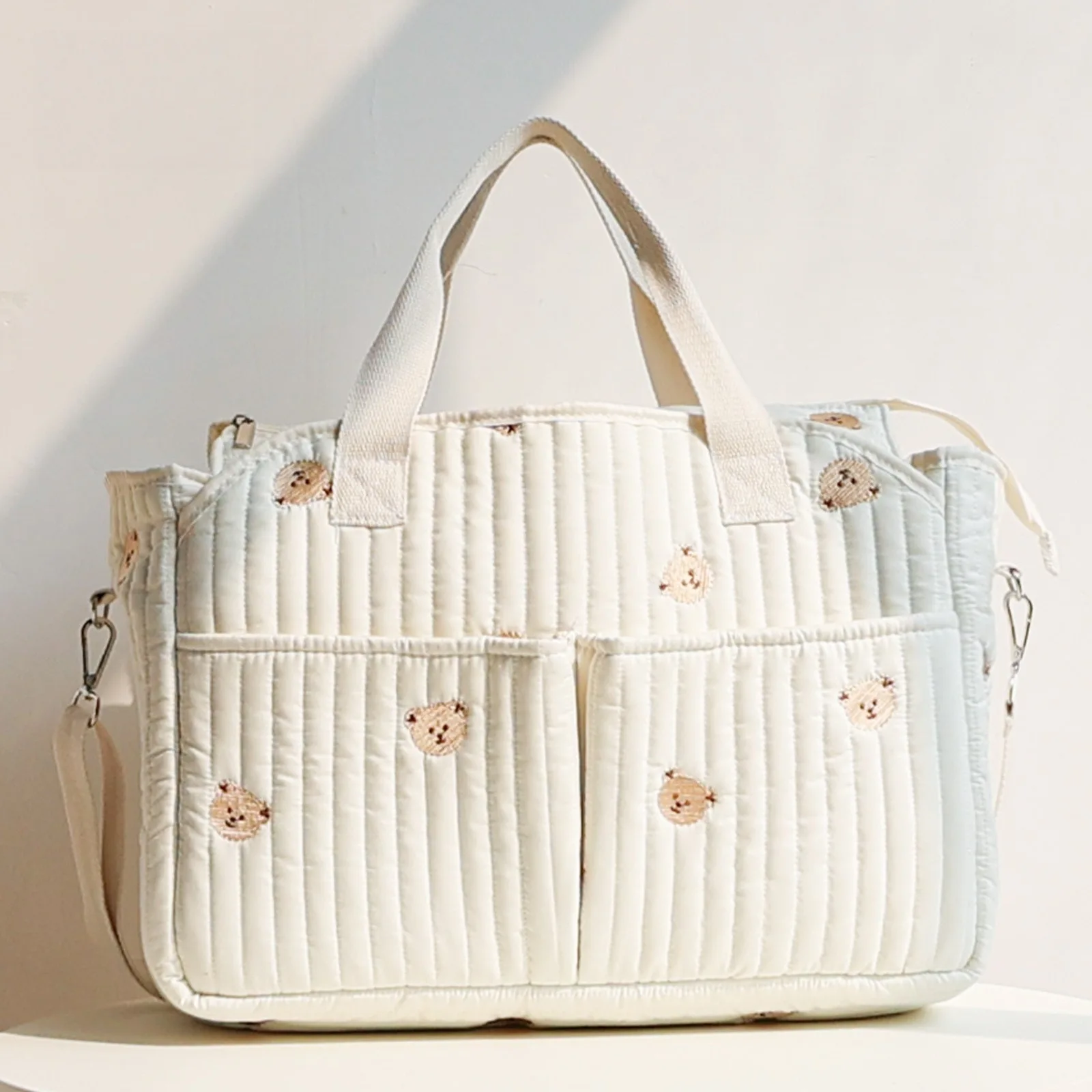 Ins Style Mommy Bag met geborduurde beer, grote en lichtgewicht luiertas, multifunctionele reisschoudertas_voghion.com
