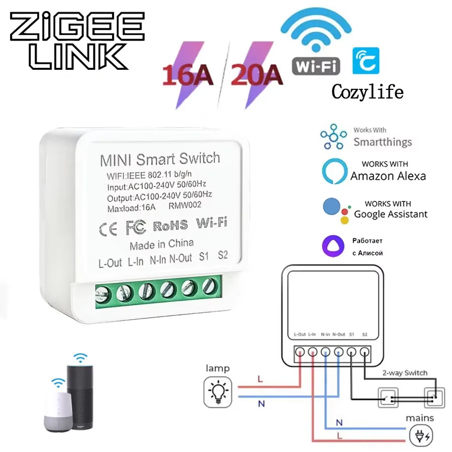 Module de commutation sans fil WiFi intelligent 16A 20A, relais de disjoncteur, contrôle bidirectionnel, application de télécommande AC100-240V, prise en charge d'alexa Google Home