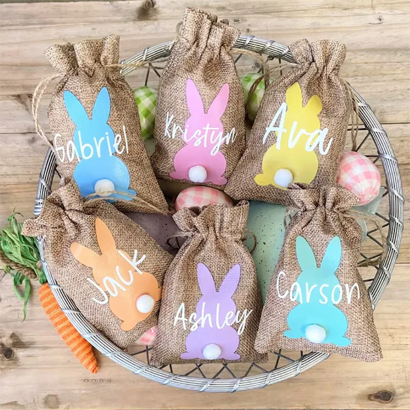 Personalizzato Bunny Rabbit Bambini Kid Boy Girl Treat Gift Bag Egg Hunt Basket Stuffers Happy Easter Party Table Decoration Sign