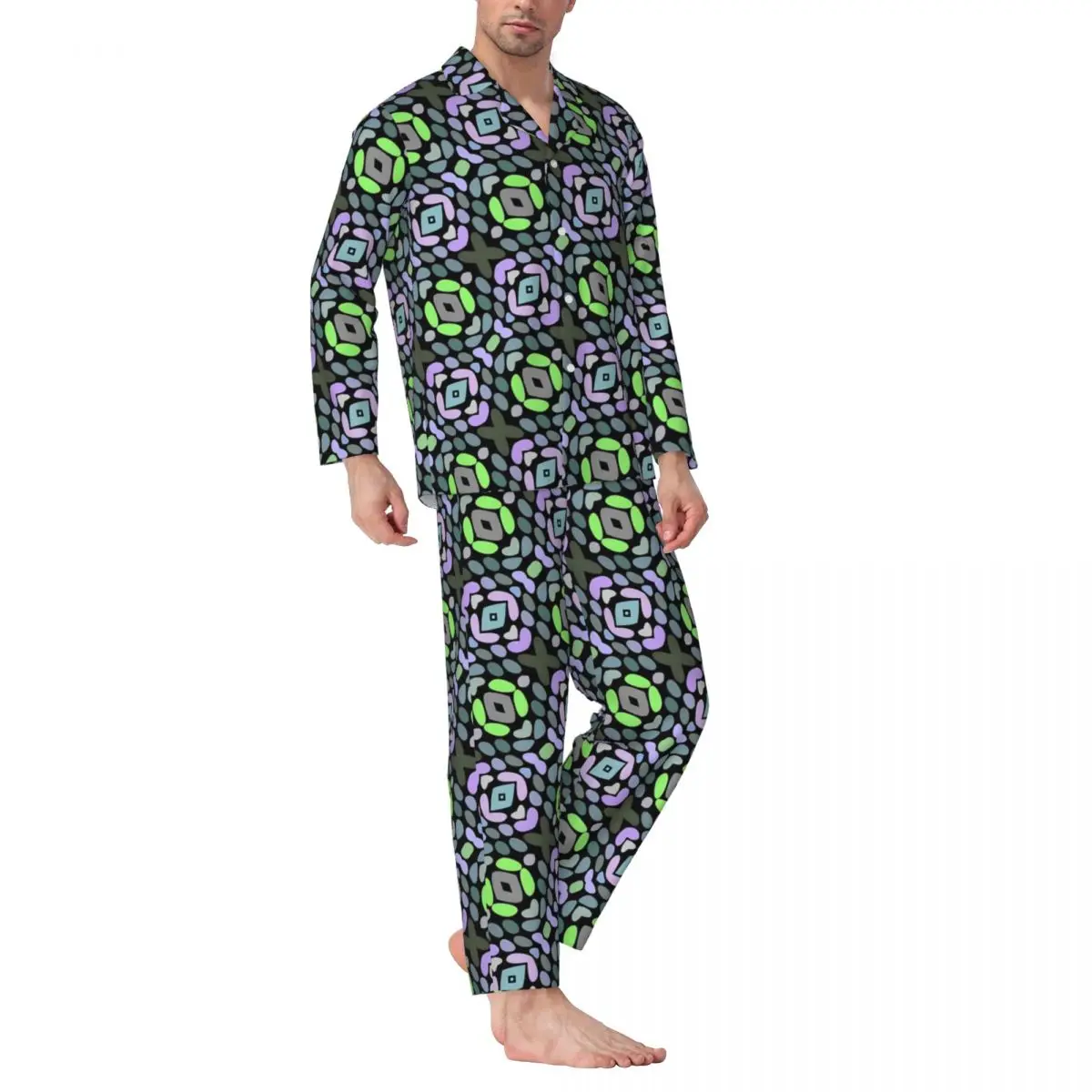 

Pajamas Male Tribal Print Art Bedroom Sleepwear Blue Pink Two Piece Casual Pajama Set Long Sleeves Cute Oversized Home Suit