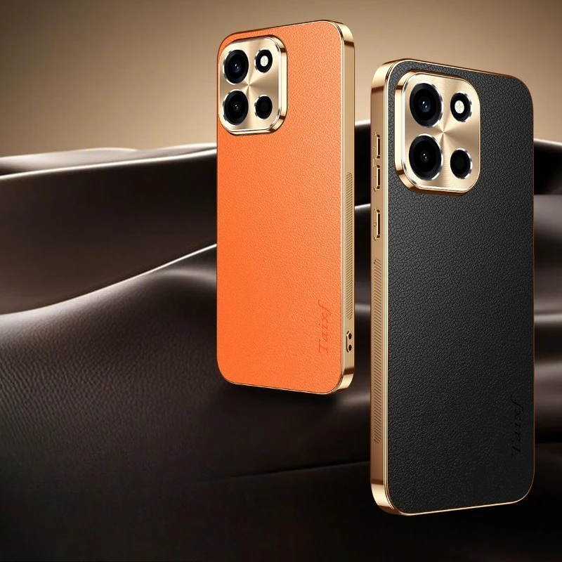 Premium PU Leather Plating Shockproof Cover with Alloy Lens Protection and Lichee Pattern TPU Frame