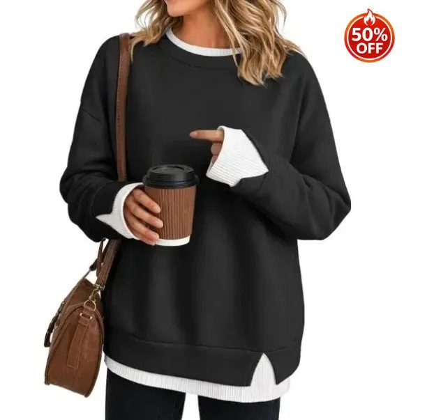 Casual Long Sleeve Top Mid Length with Regular Sleeve American and European Style Patchwork Autumn Round Neck Women Hoodie