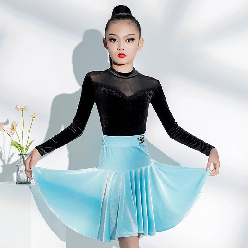 

Winter Girls Latin Dance Clothes Velvet Tops Skirt Long Sleeves Practice Clothing Kids Ballroom Dance Performance Wear BL11857