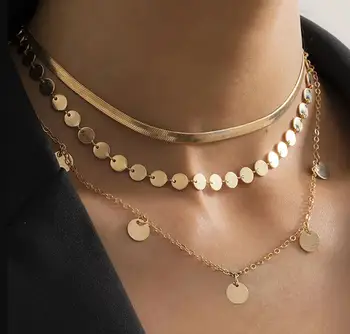 Niche Personal Gold Color Wafers Three Layers Necklace For Women Party Accessories Dangle Jewelry New