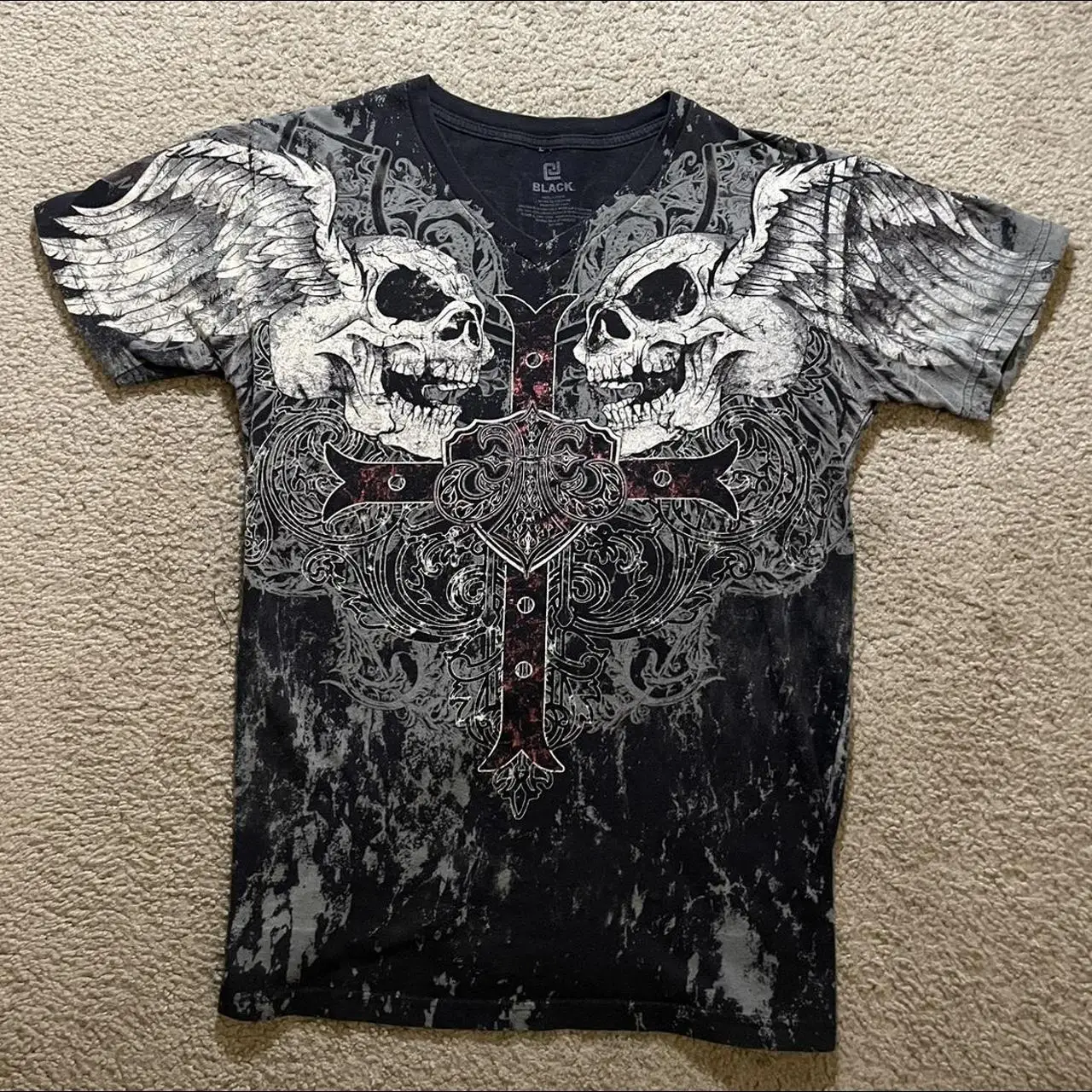 

Ancient Costume Short-Sleeved T-shirt Men's Feather Cross Full-Print Cotton Collar Black American hiphop double skull Y2K Tshirt