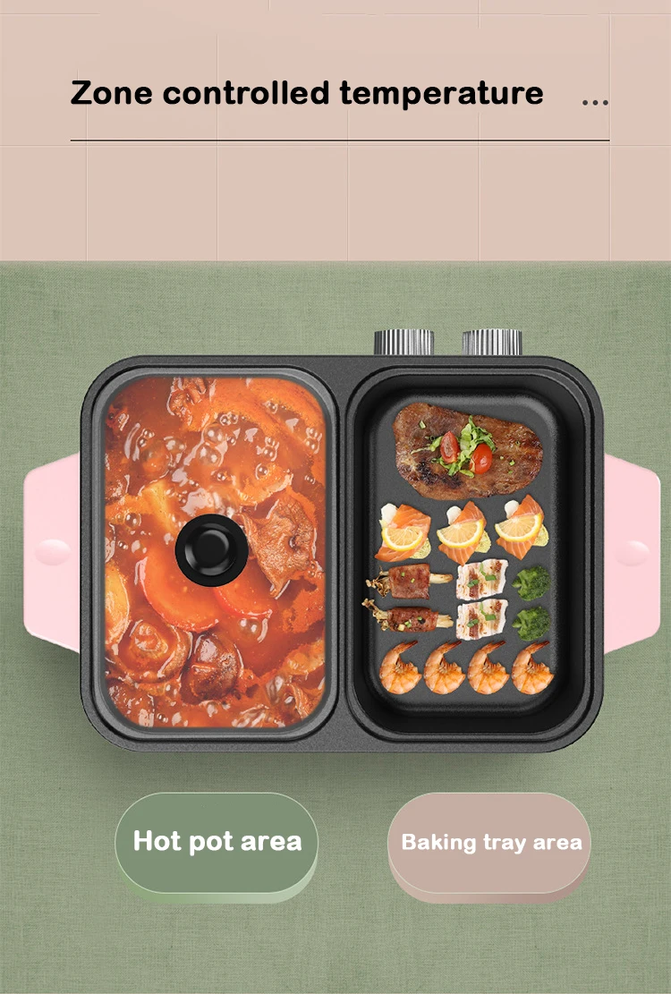Multifunctional Electric Baking Tray 2 in1 Shabu Roast Pot Barbecue Hot Pot Integrated Pot Non Stick BBQ Grill Cooker Frying Pan 4