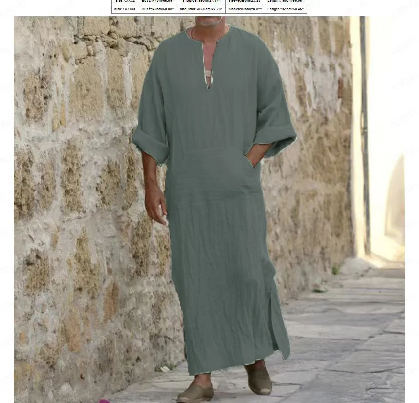 Abito Uomo Arabo Musulmano A Righe Retro – Caftano Thobe In Cotone Con Tasca, Per Festività E Casual