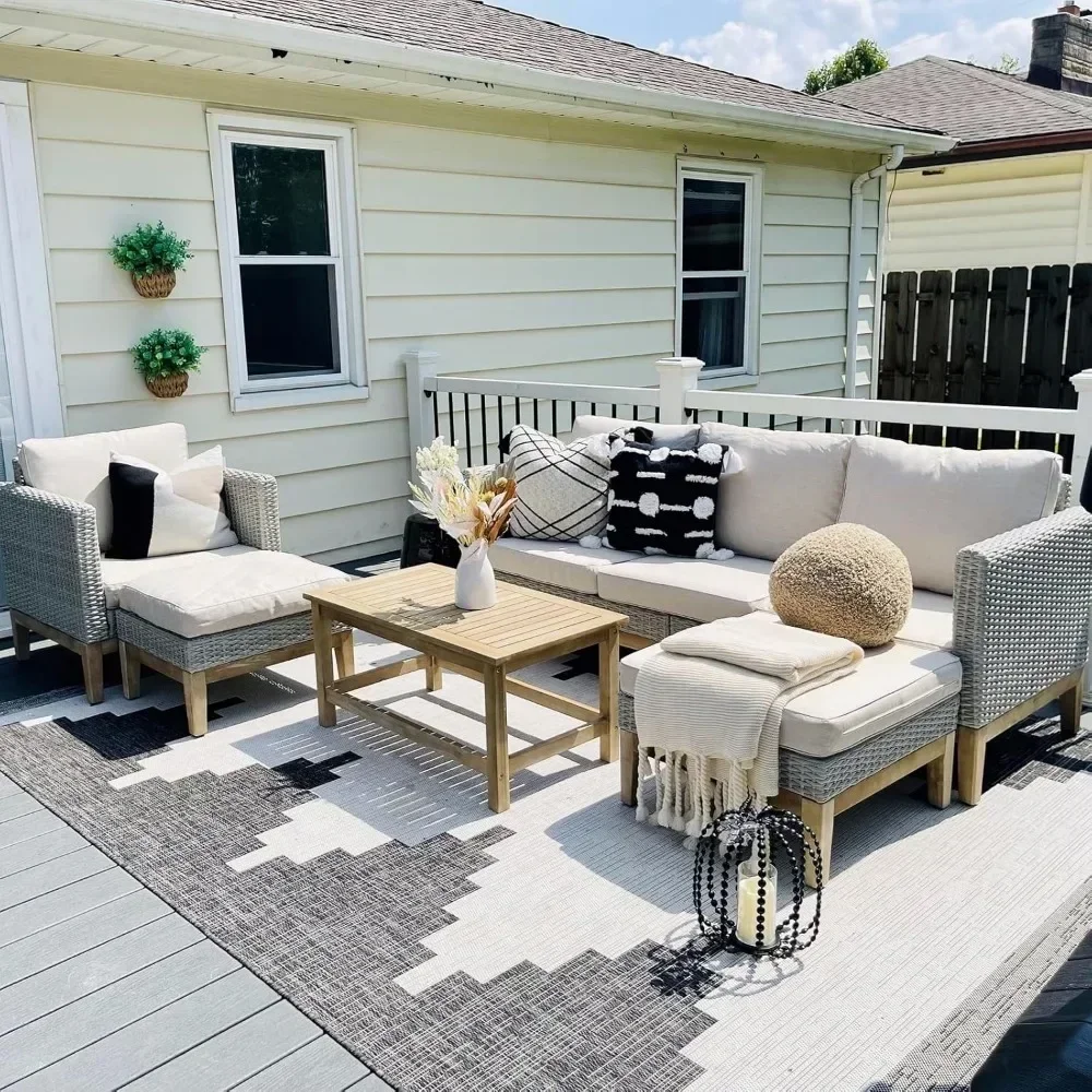Outdoor Patio Furniture Sets, 5-Piece All-Weather Patio Conversation Set, High Back Wicker Rattan Setional Sofa with  Chairs 2
