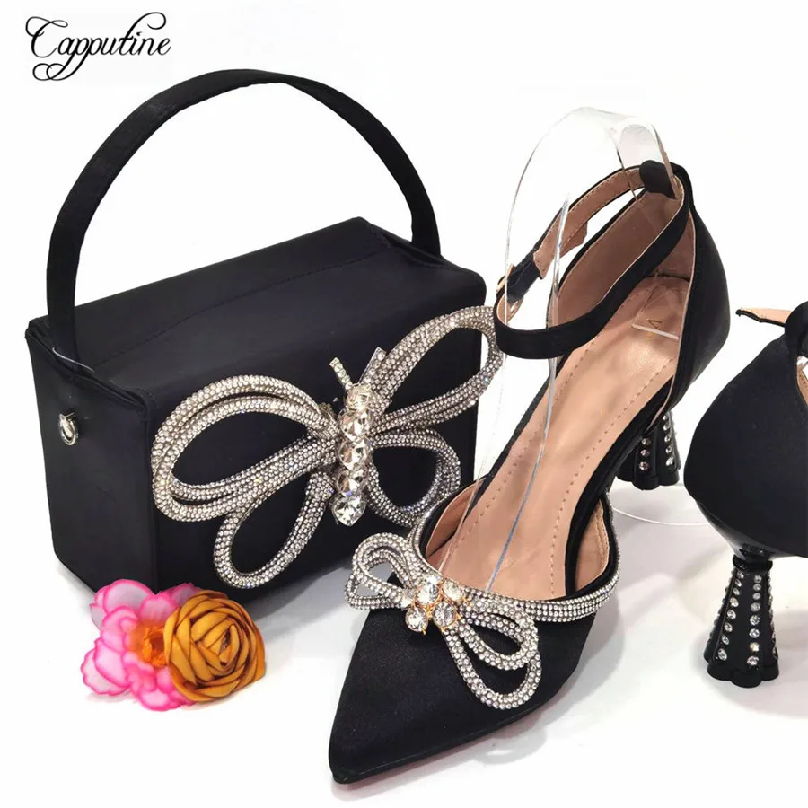

Black Women Shoes And Bag Set To Match African Ladies Pumps With Handbag Clutch Nigerian High Heel Sandals Femmes Sandales CR389