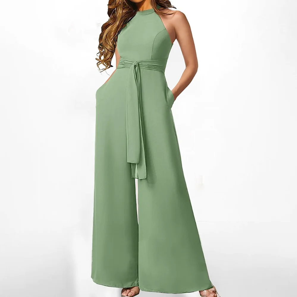

One Piece Women Summer Solid Sleeveless Jumpsuit Elegant Casual Office Lady Overalls Slim High Waist New 2023 Rompers Lace Up