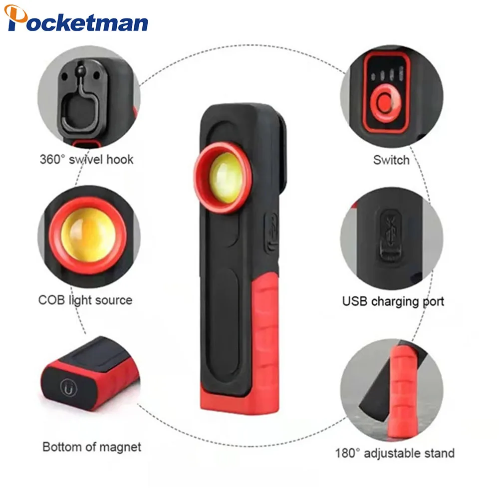Pocketman COB + LED Work Light Portable Flashlight Camping Light Rechargeable Work Lamp Auto Repair Inspection