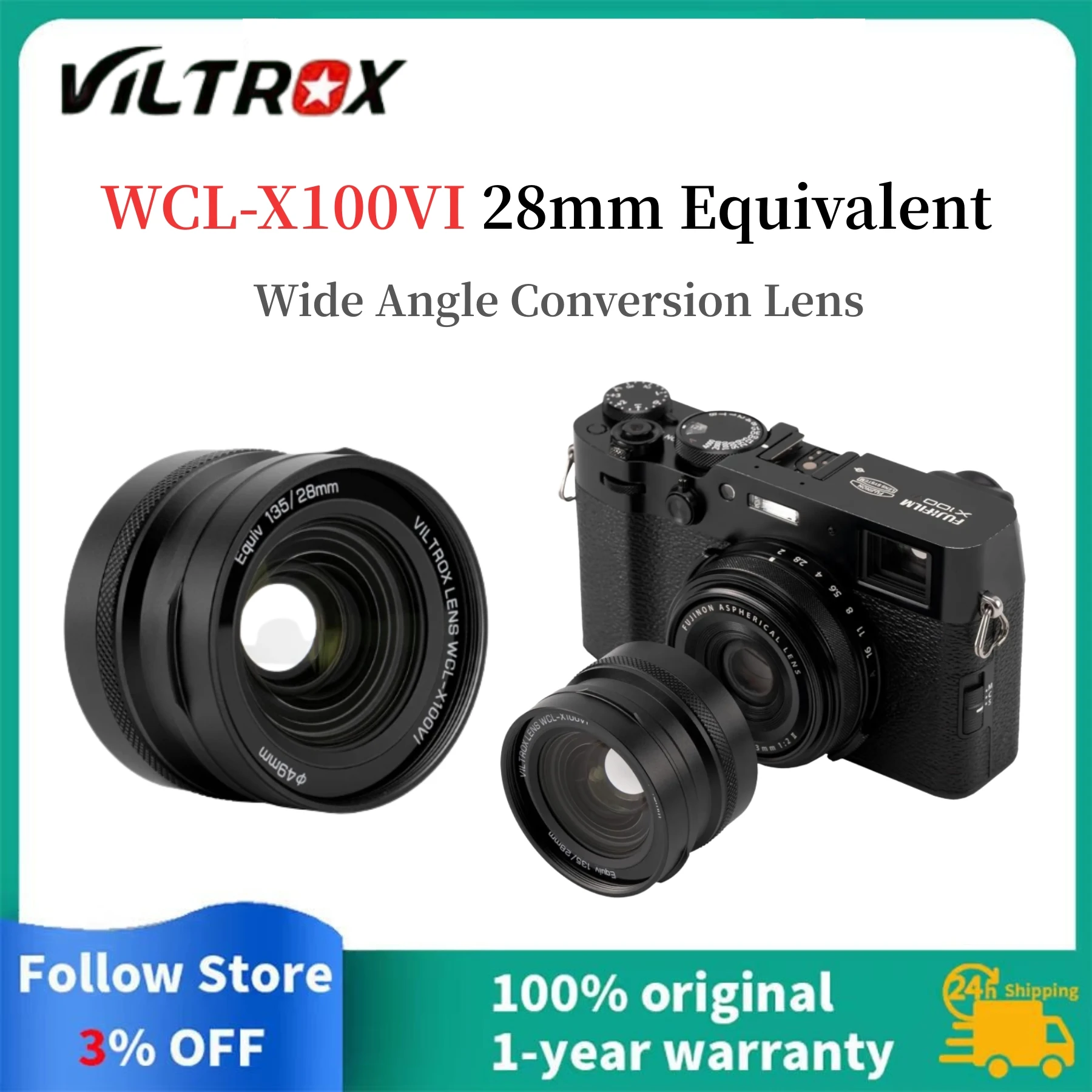 Viltrox WCL-X100VI 28mm 등가 0.8X 광각 변환 렌즈(후지필름 X100VI X100V X100F 카메라용 자동 인식 렌즈)