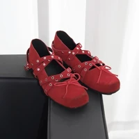 Punk Rivet Ballets Flats Shoes Women Cross Tie Strap Square Toe Mary Janes Shoes Ladies Bow Tie Elegant Fashion Red Loafers New 1