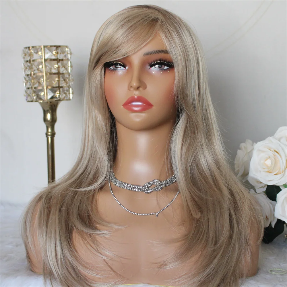 Highlight Brown Lace Wig with Bangs Synthetic Wigs for Women 16inches Natural Straight Machine Made Wig Daily Use