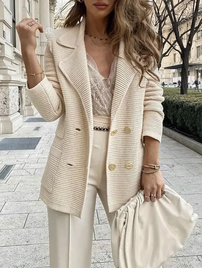 

2023 Autumn and Winter New Women's Coat Fashion Elegant Solid Color Pit Stripe Casual Cardigan Coat Design Small Fragrance Style