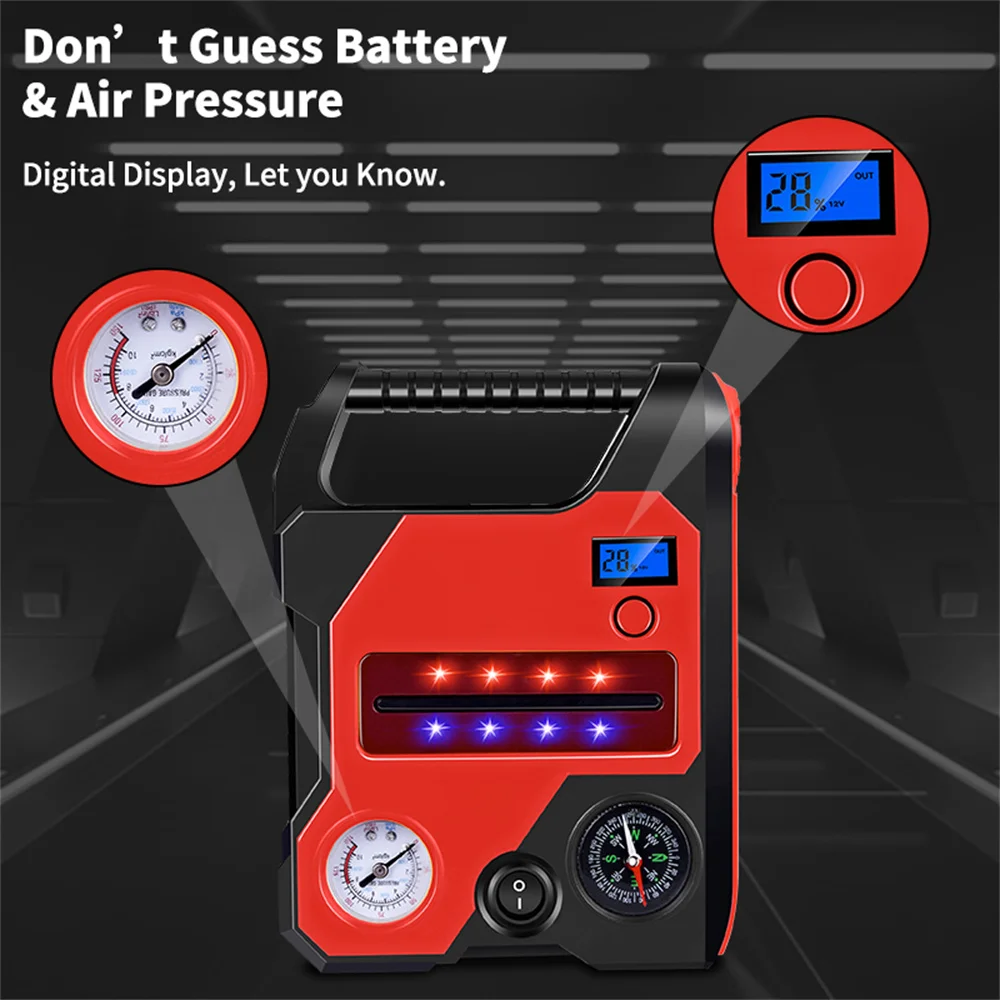 4 In 1 2000A Jump Starter Power Bank 16000mAh 150PSI Air Compressor Tire Pump Portable Charger Car Booster Starting Device