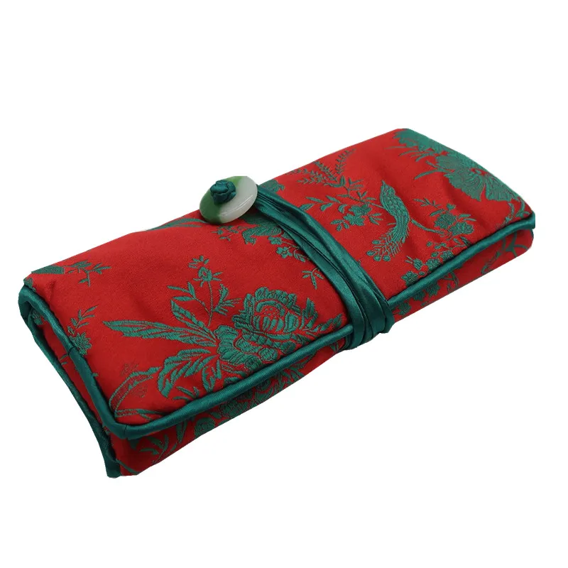 Chinese Silk Brocade Jewelry Roll Up Bags Travel Storage Jewellery Packaging Pouch 3 Zipper Women Cosmetic Purse with Ties