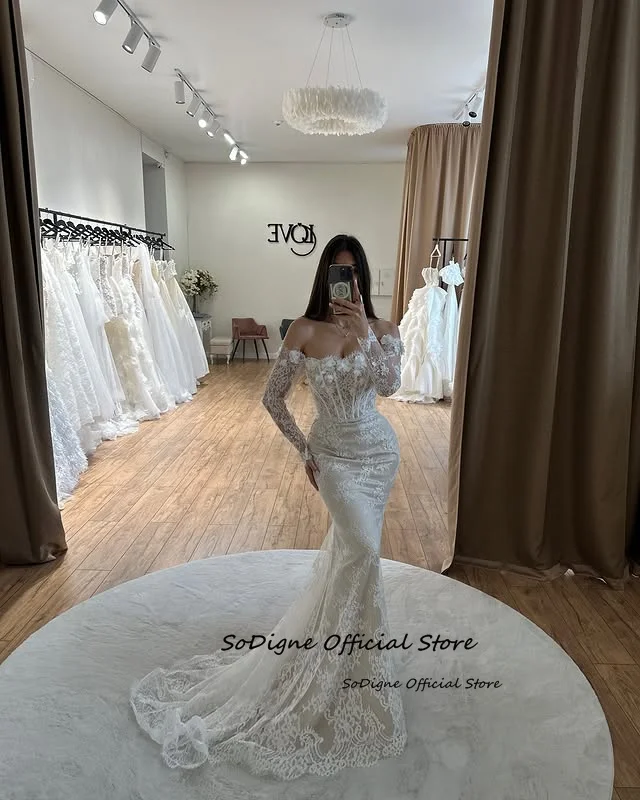 SoDigne Mermaid Lace Wedding Dresses Off Shoulder Long Sleeves Bridal Dress Boho Wedding Gown Robe De Mairee Customized 11 Sdaf9a196ba9146d0ab99e98351c770c9q
