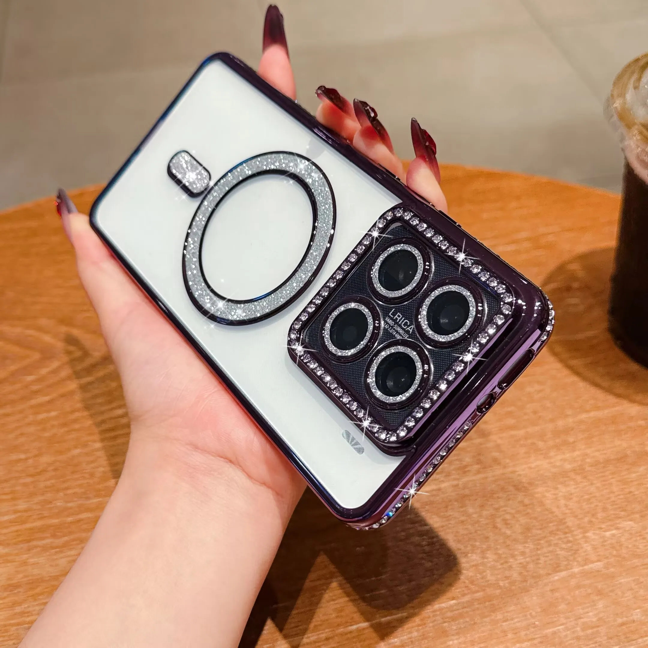 Crystal Clear Bling Magnetic Wireless Charging Phone Case with Lens Film Cover