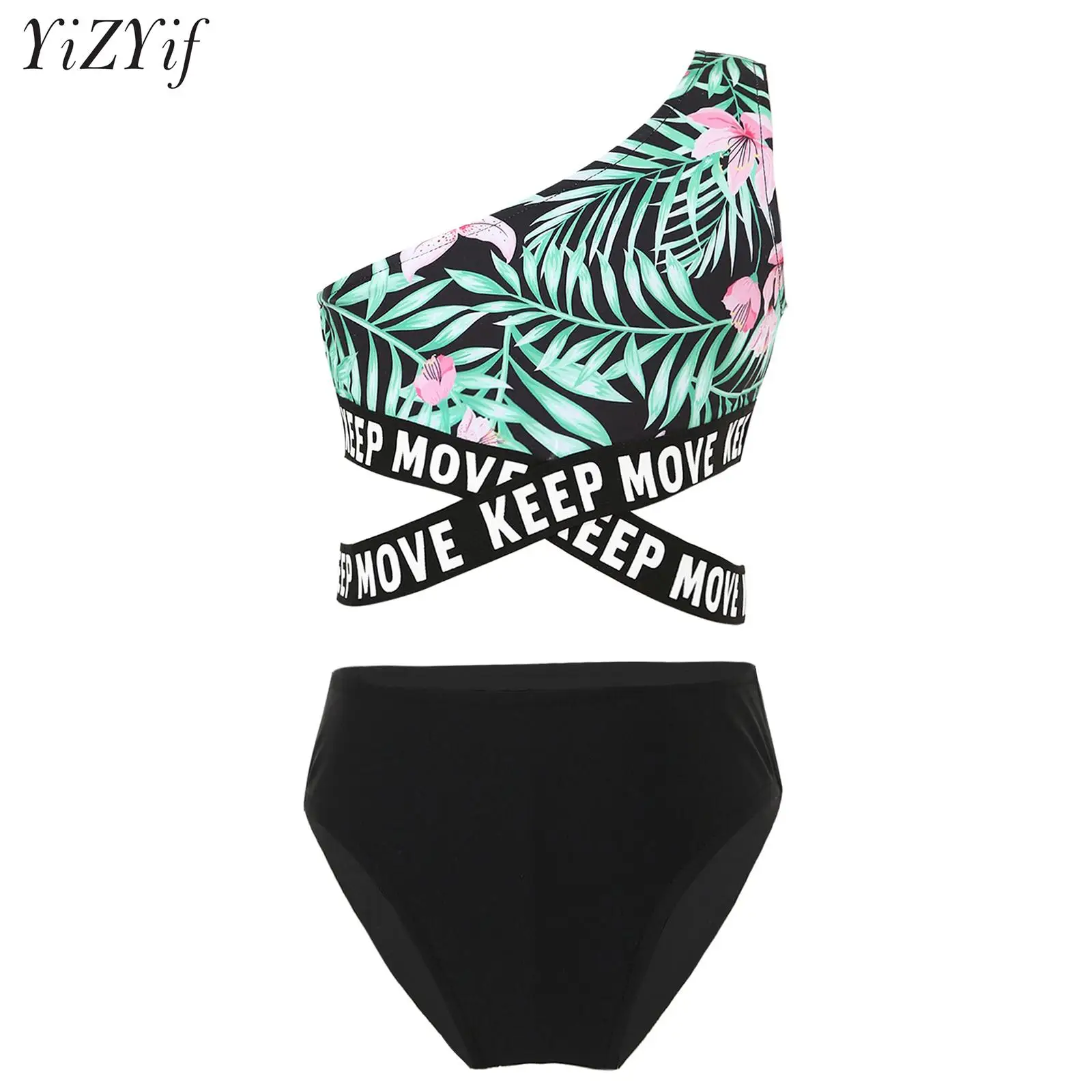 

Kids Girls Hawaiian Print Bikini Tankini Swimsuit Outfit One Shoulder Cut Out Crop Tops and Briefs Swimwear Beach Bathing Suit
