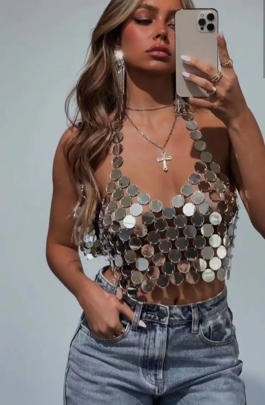 AKYZO Women's Silver Sequin Bra Tops Body Chain Backless Bikini Sexy Chest Acrylic Chain Look Festival Beach Vest Y2k