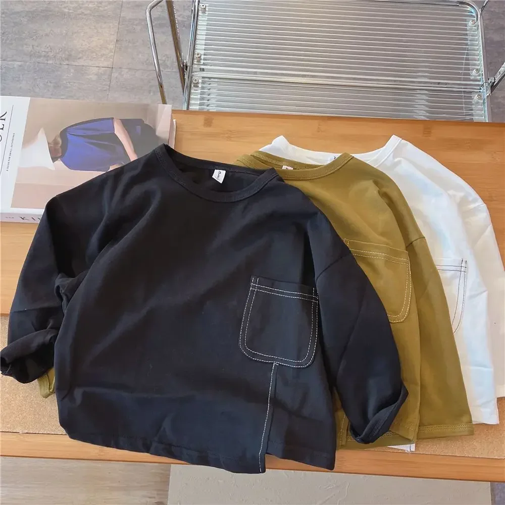 Boys Long-sleeved T-shirt Spring  Autumn Korean New Children Solid Color Irregular Bottoming Shirt Baby Autumn Inner Tops 2