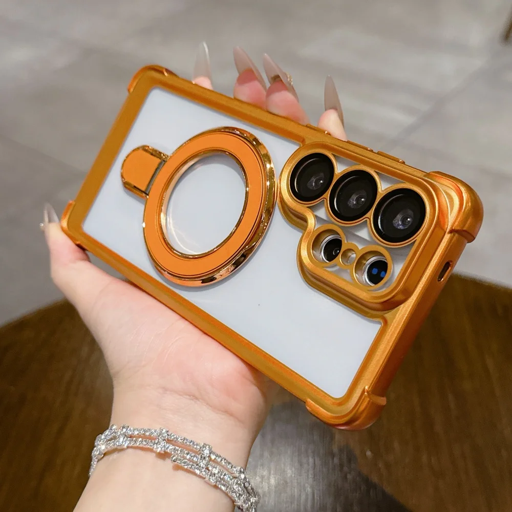Transparent Electroplated Magnetic Bracket Case with Lens Protector Cover