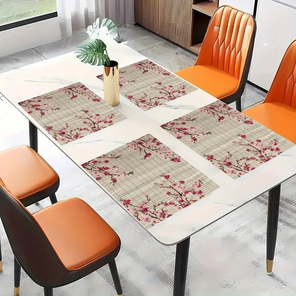 1 Stück Japanisch Inspirierte Sakura-Blüten & Bambus-Tischsets | Quadratische Leinen-Tischsets mit Mattrosa Kirschblüten – Detail 3