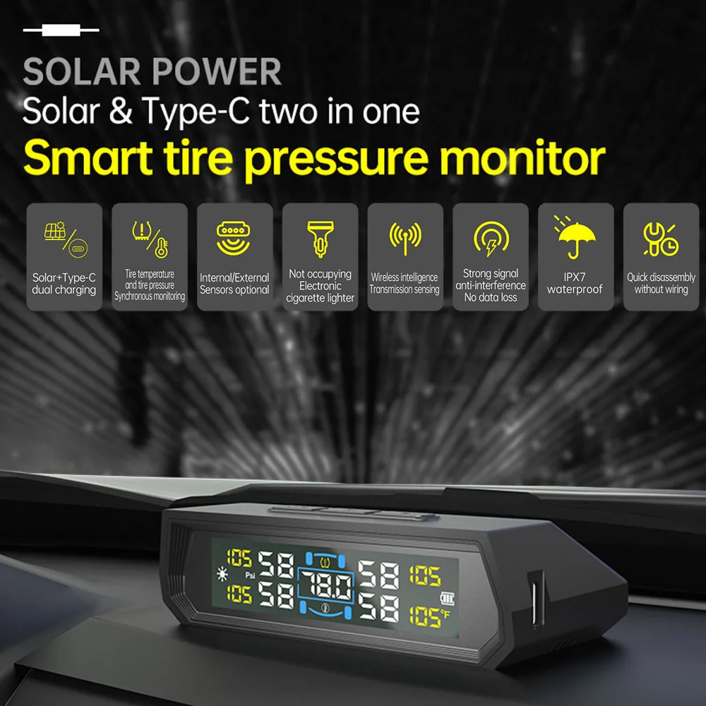 Sistemi di allarme di sicurezza automatici nel display della temperatura dell'auto Sistema di monitoraggio della pressione dei pneumatici per auto USB universale / TPMS solare - Image 3