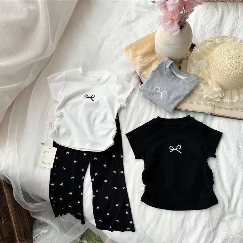 2-12Y Girls' Short Sleeved T-shirt Pure Cotton 2025 Summer New Kids Shirts Korean Children's Baby Embroidery Bow Slim Fit Tops 2