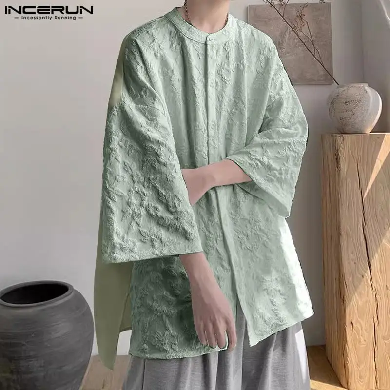 INCERUN Tops 2024 Korean Style New Mens Loose Texture Design Shirts Casual Fashion Three Quarter Sleeved Stand Neck Blouse S-5XL