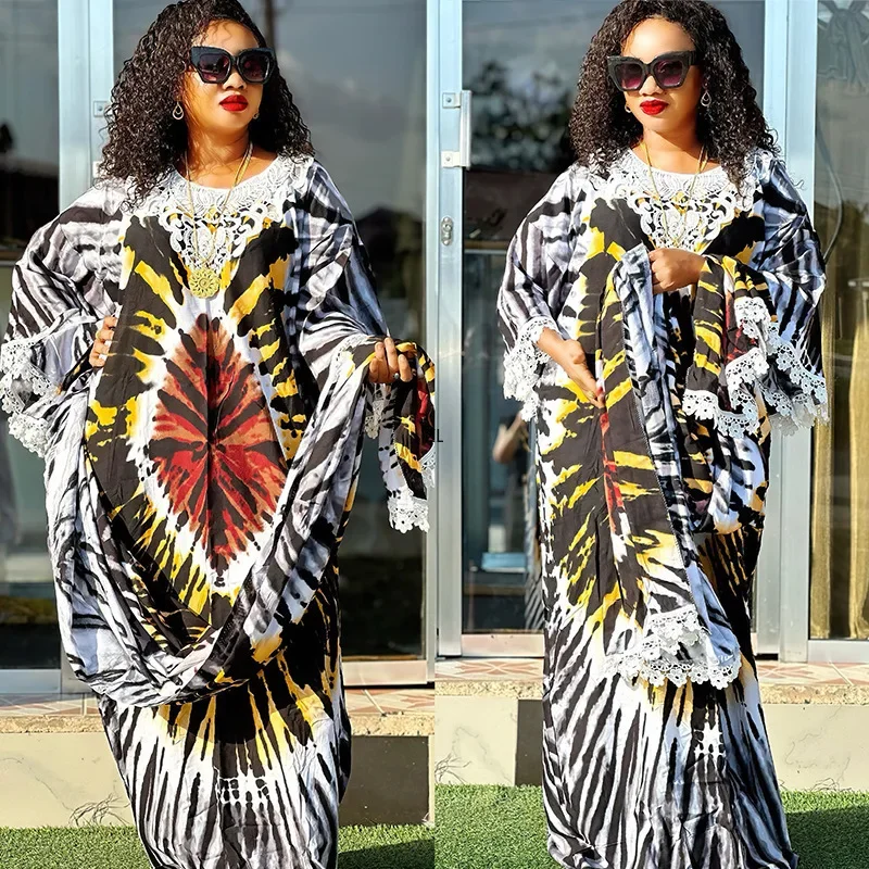 

African Dresses for Women Muslim Fashion Lace Boubou Dashiki Traditional Africa Clothes Ankara Outfits Evening Gown with Headtie