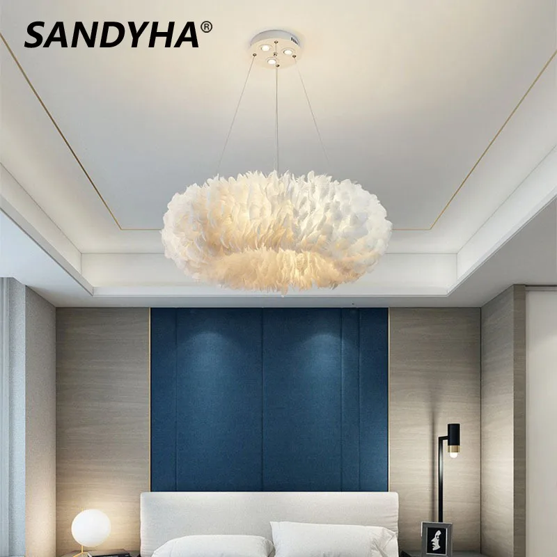 

SANDYHA Ring Feather Pendant Lights Modern Luxury Led Chandeliers for Living Room Bedroom Decoration Home Dining Table Lighting