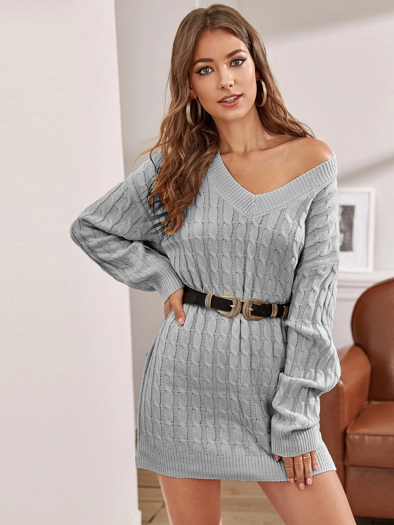 Knitted V-neck French Sexy Dress Fried Dough Twists Solid Color Medium Long Waisted Women's
