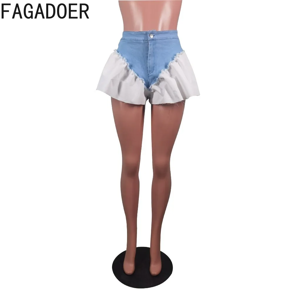 FAGADOER Fashion Streetwear Women Denim Splicing High Waist Button Shorts Casual Female Solid Color Elastic Cowboy Bottoms 2023