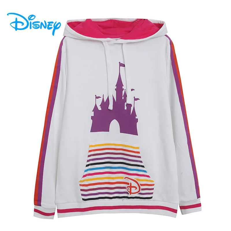 

Disney Castle Hooded Sweatshirt Fashion Patchwork Multicolor Stripe Women Hoodies Jacket Casual Loose Pullover Tops Jumper White