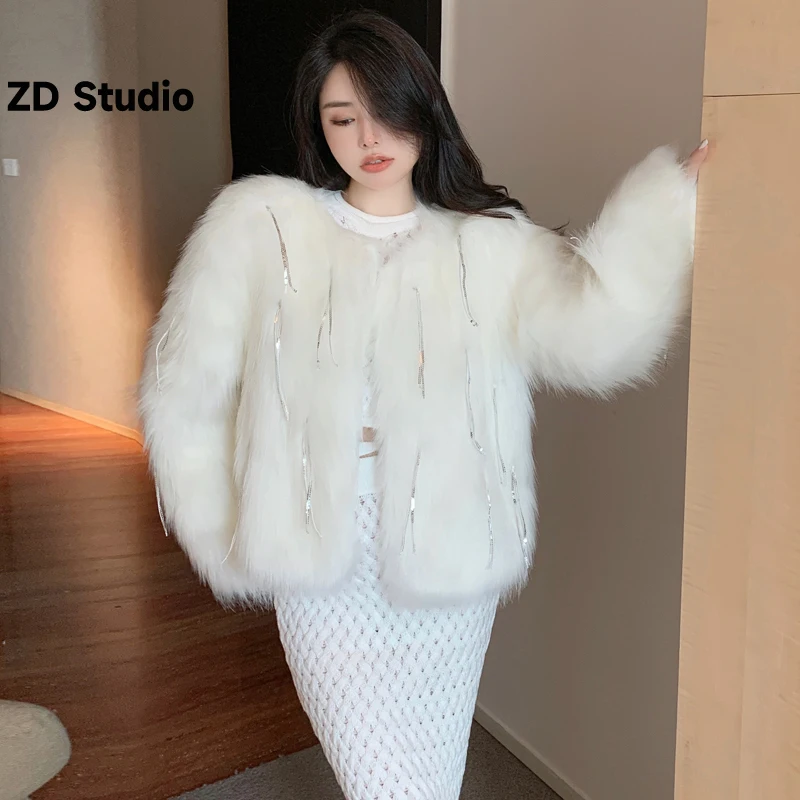 

[ZD Studio] 2023, Осень-зима, новый стиль, маленькая парфюмерная короткая шуба из искусственного лисьего меха с бахромой и блестками для девушек